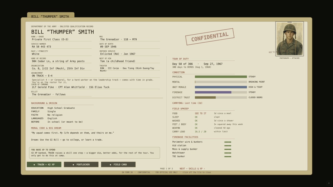 Your service record — the soldier you're becoming.