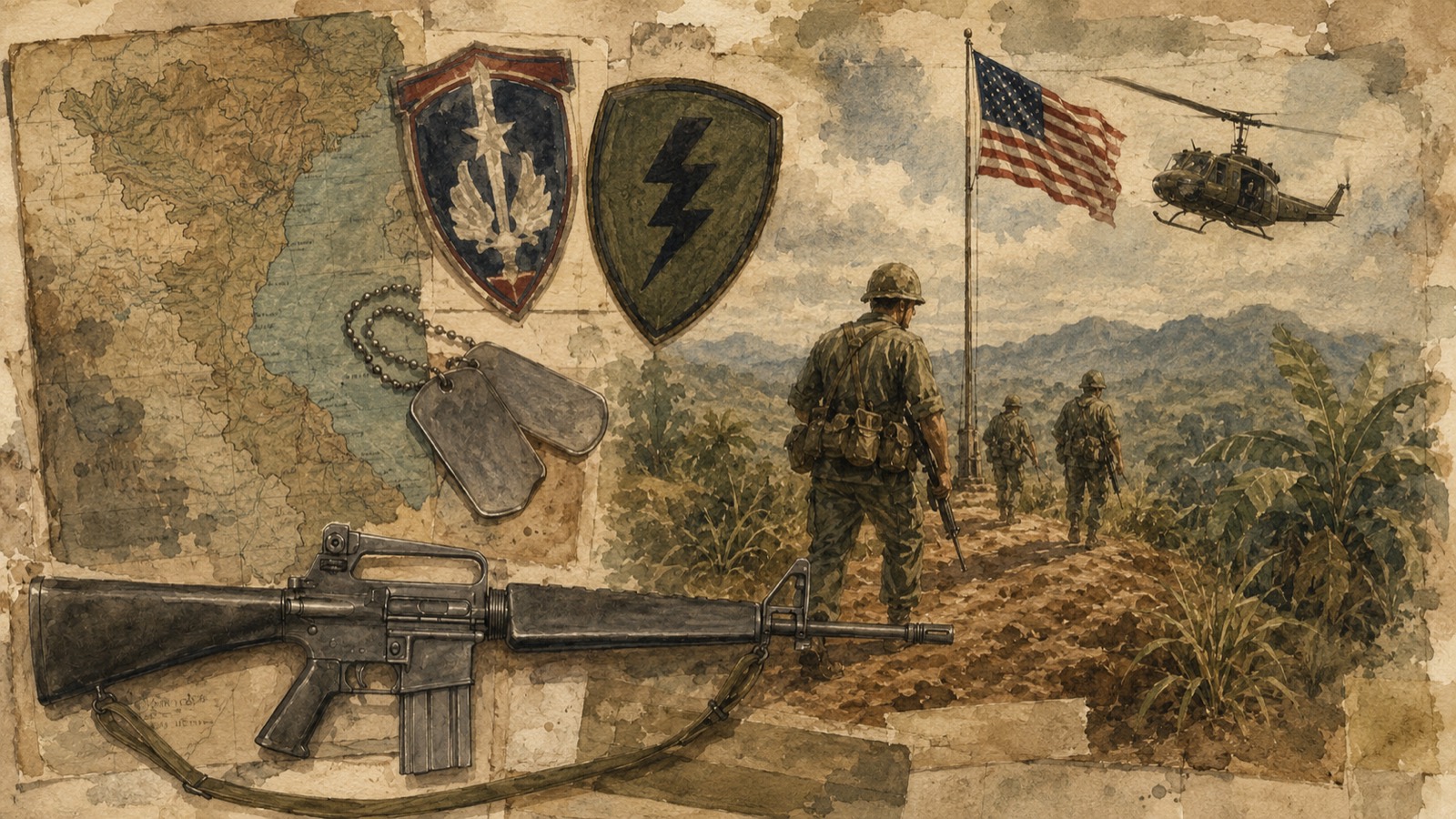 A rifle squad on patrol under the flag, Vietnam 1967.