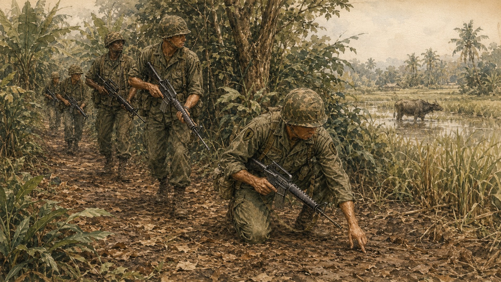 A patrol moving along a jungle trail.