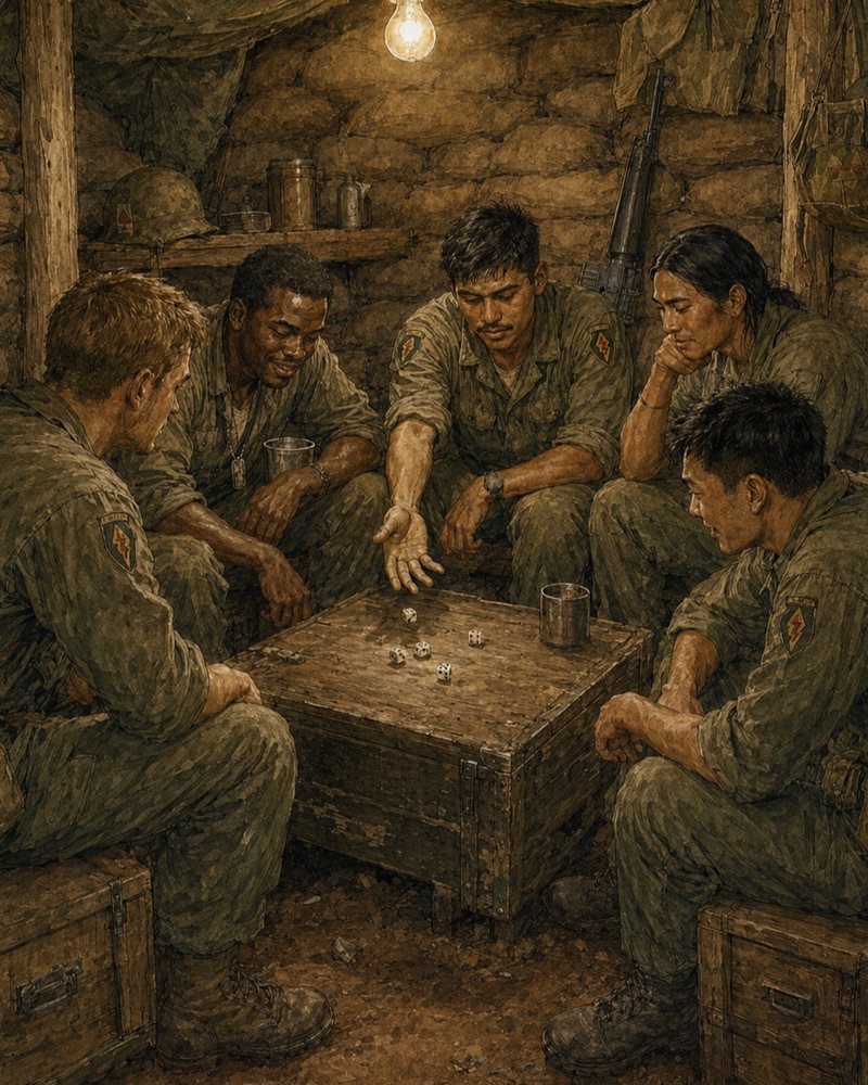 Six soldiers shooting dice on an ammo crate in a bunker, under a bare bulb.