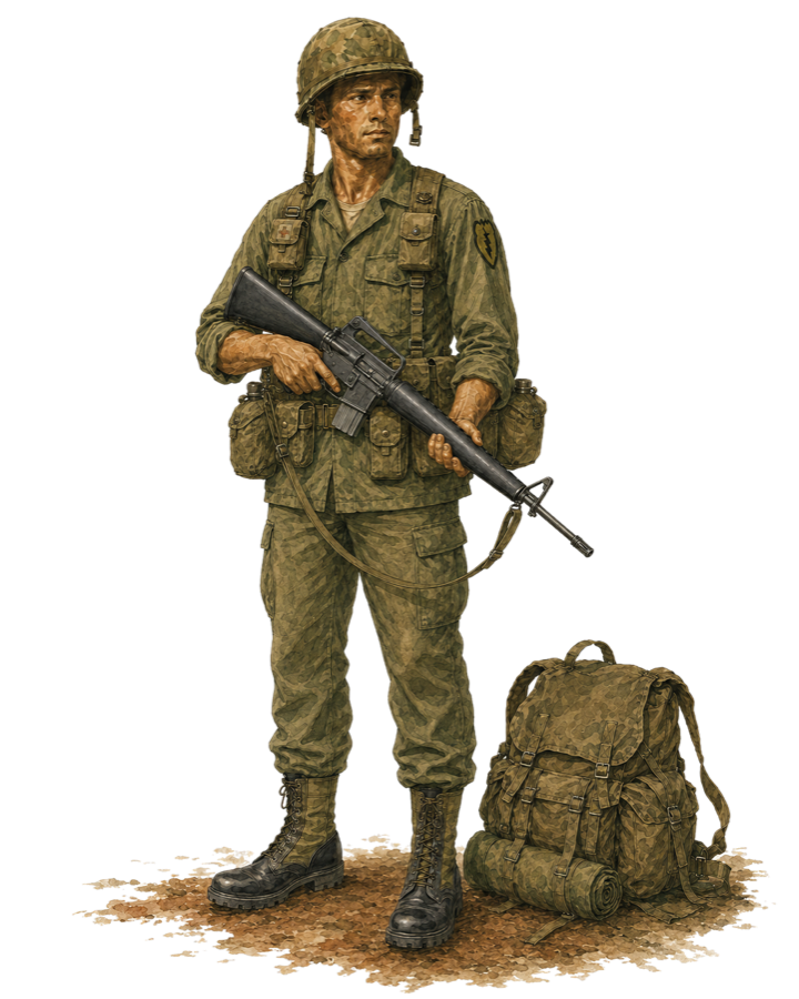 An American infantryman of 1967 in full field kit — helmet, flak vest, web gear, rucksack, M16.