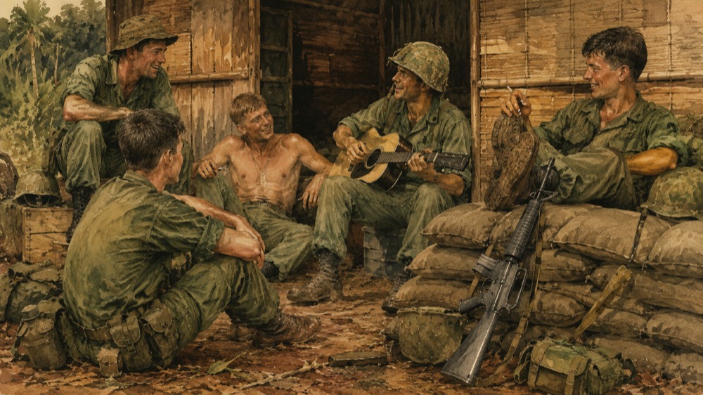 Five soldiers off duty outside a hooch — one playing a guitar, the others sitting on sandbags, laughing.
