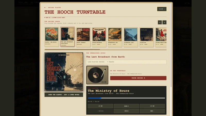 The in-game record player open over a camp scene, with sleeve art, track list and playback controls.