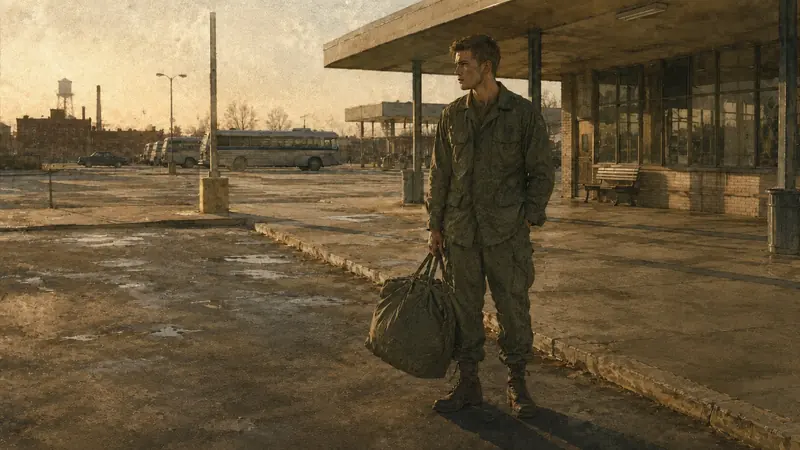 A soldier carrying a duffel bag outside a quiet bus station