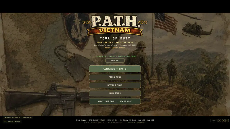 The current P.A.T.H. Vietnam title screen with choices to continue, open the Field Desk, or begin a tour