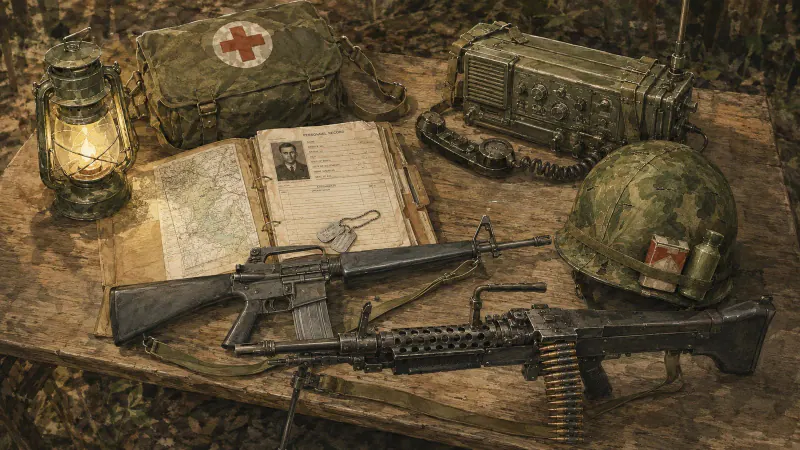 A field desk arranged with a service record, rifle, radio, helmet, map, and medical kit