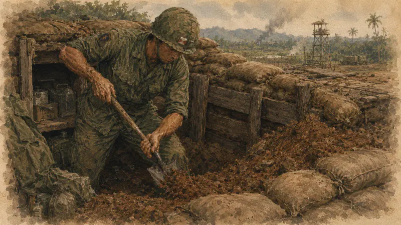 An infantry rifleman resting behind sandbags with his weapon close at hand