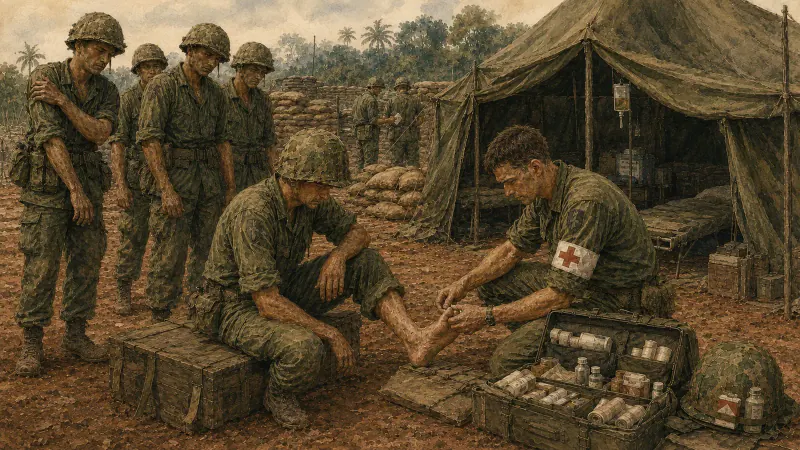 A combat medic treating a seated soldier while the squad waits nearby