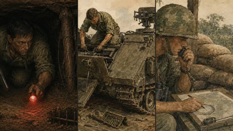 An engineer in a tunnel, a mechanic working on an armoured vehicle, and a forward observer reading a map