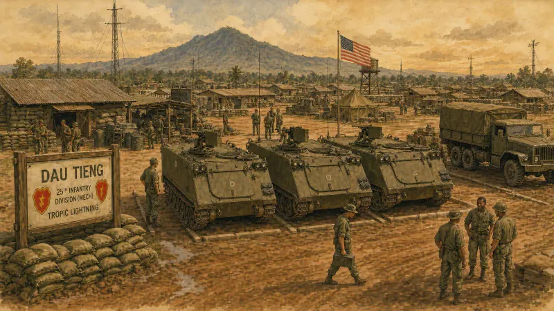 Bravo Company camp at Dầu Tiếng with armoured vehicles, tents, towers, and soldiers