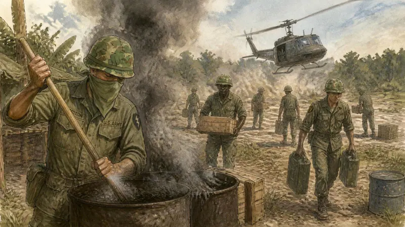Soldiers carrying out a dirty camp work detail while a helicopter passes overhead