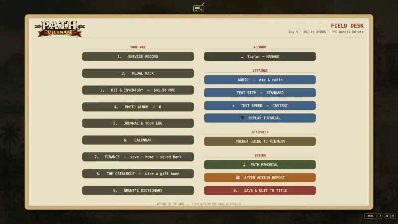 The current Field Desk menu with records, settings, artifacts, and system controls in two columns
