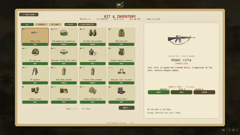 The Kit and Inventory screen showing equipment locations, weights, and an inspected rifle
