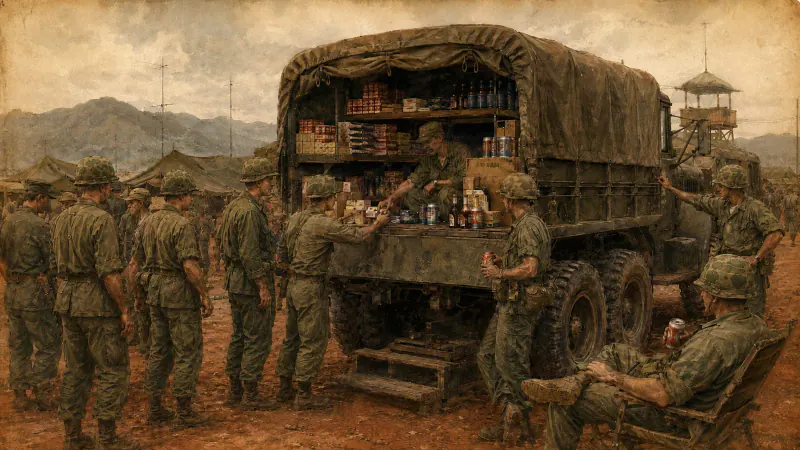 A mobile PX truck opened into a small shop while soldiers wait beside it
