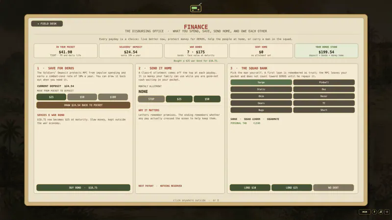 The Finance screen showing pocket money, savings, money sent home, and the squad bank