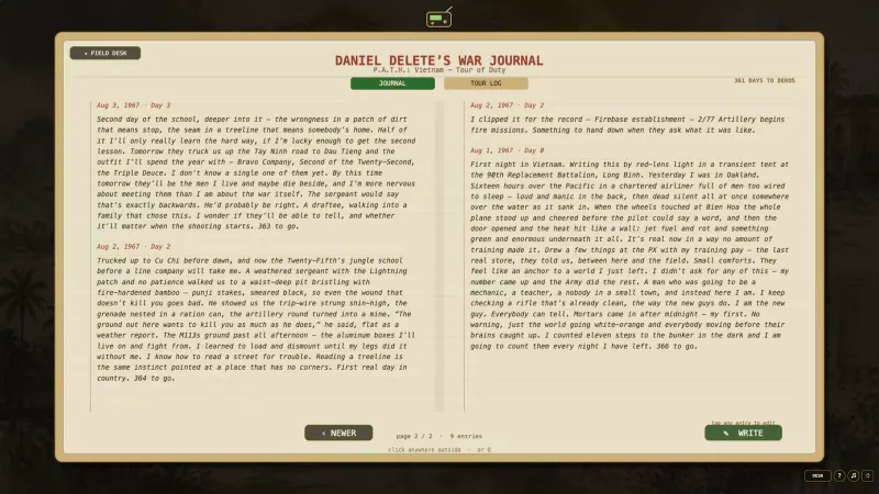 An open in-game war journal with dated entries and space for the player to write