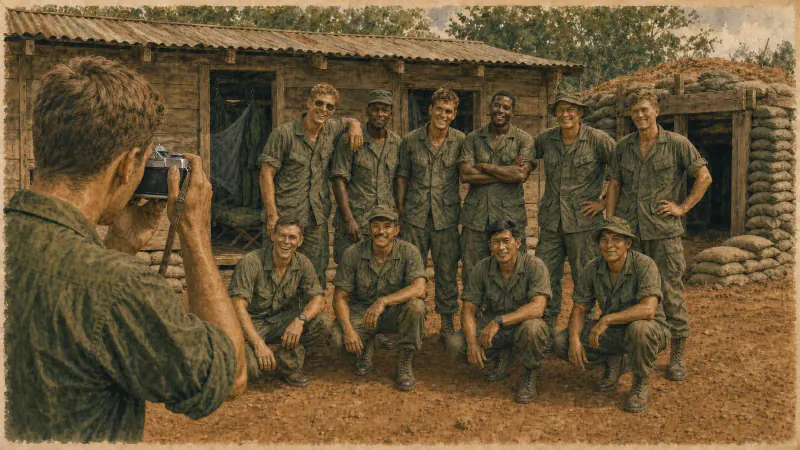 A soldier photographing his squad as they gather outside their hooch