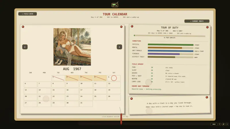 The interactive Tour Calendar for August 1967 beside the soldier's condition and DEROS count