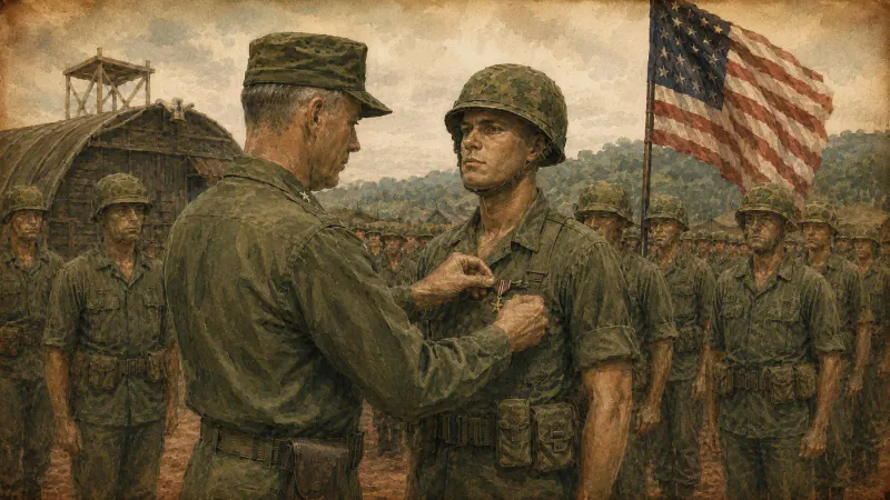 A soldier receiving a medal at formation while his unit stands behind him