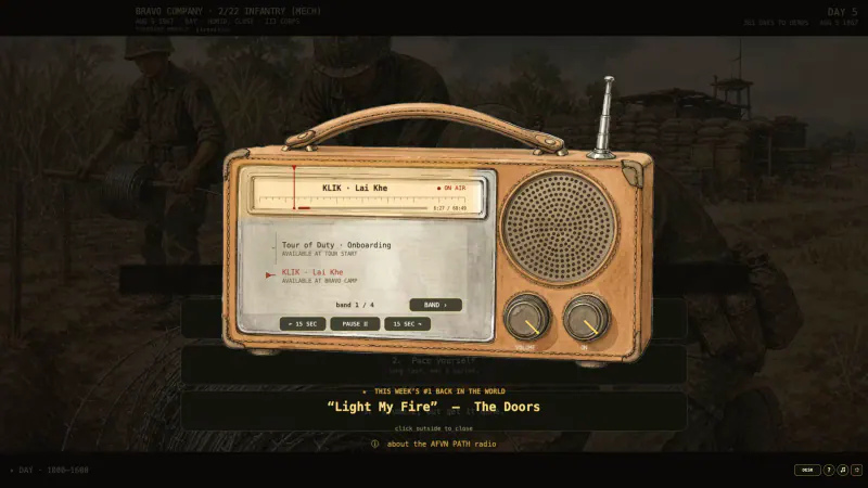 The in-game field radio tuned to KLIK Lai Khe with programme and playback controls