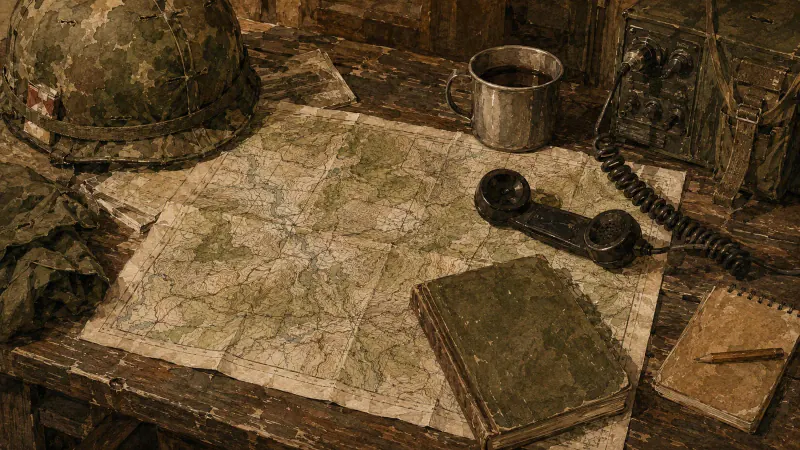 Maps, a field telephone, radio handset, and notebook arranged as reference tools