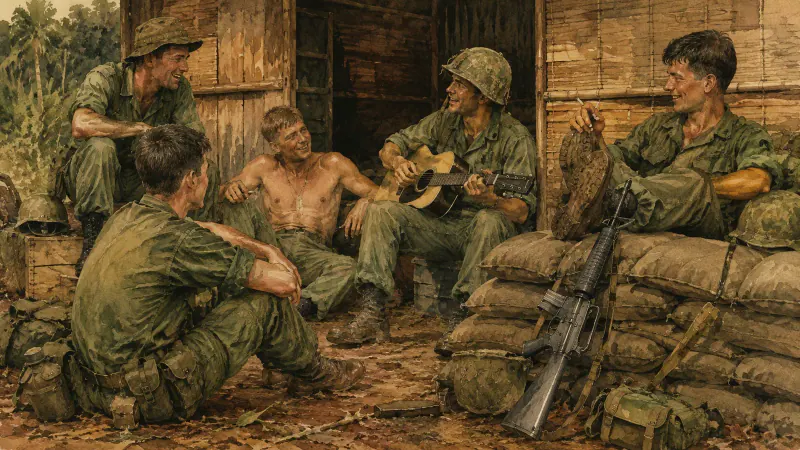 A squad sharing a quiet musical moment together outside their hooch