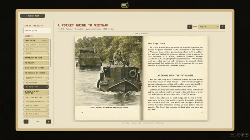 The recreated Pocket Guide to Vietnam open inside its searchable in-game artifact reader