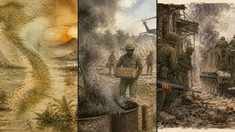 Three views of the visual world of PATH Vietnam, from the road to war to daily work and combat