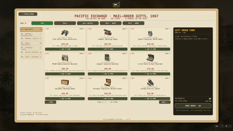 The reconstructed 1967 PACEX mail-order catalogue open to radios, recorders, cameras, and optical goods