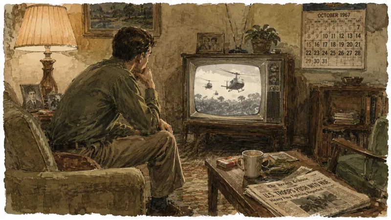 A soldier at home watching television coverage of the war in the illustrated onboarding