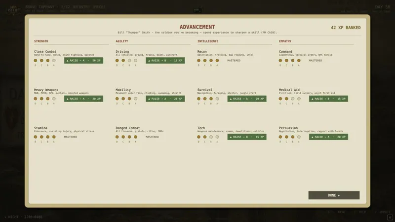 The Advancement board showing banked XP and twelve trainable skills