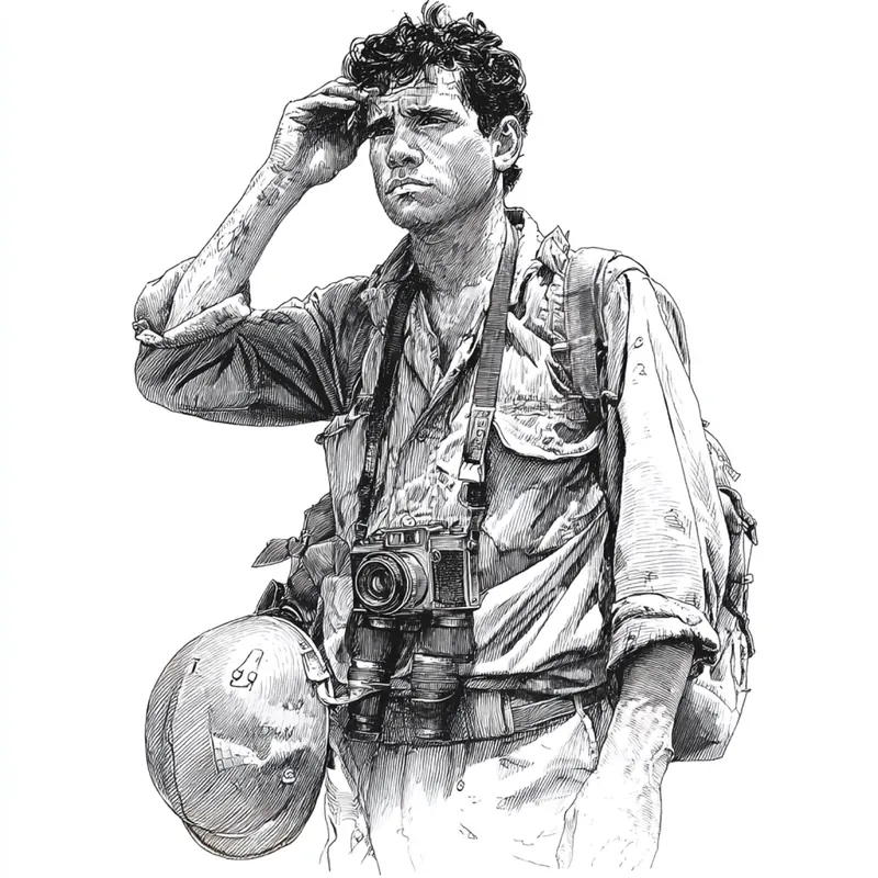 An early monochrome concept of a 1967 correspondent working with a camera