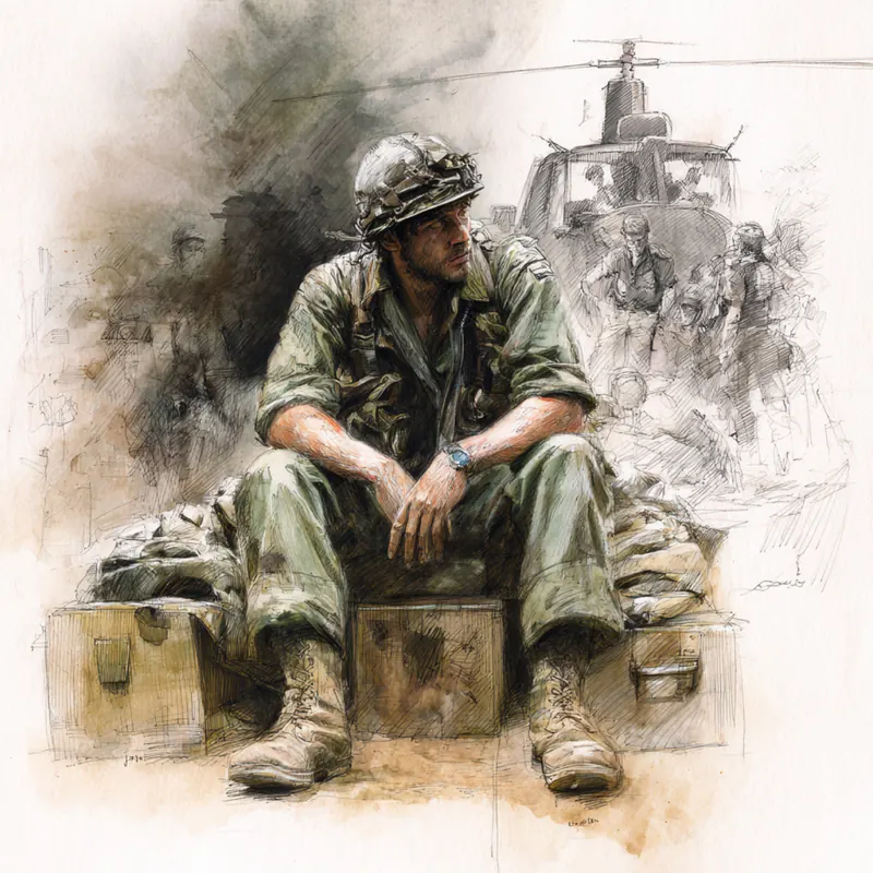 An exhausted soldier sits alone on an ammunition crate after combat