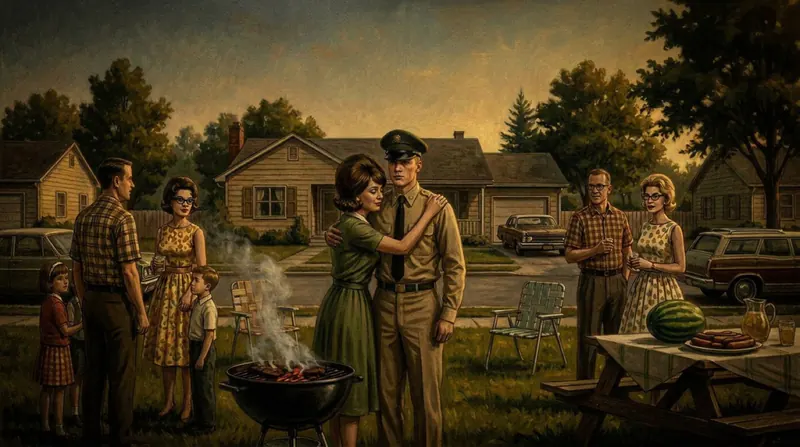 A soldier says goodbye before deployment while transport waits nearby