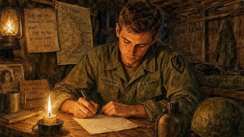 A soldier writing a letter at a wooden desk by candlelight