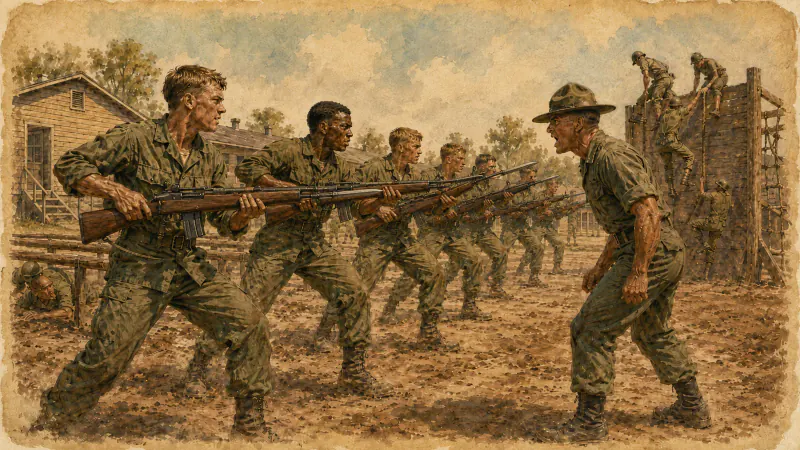 Recruits practising with rifles along a training line
