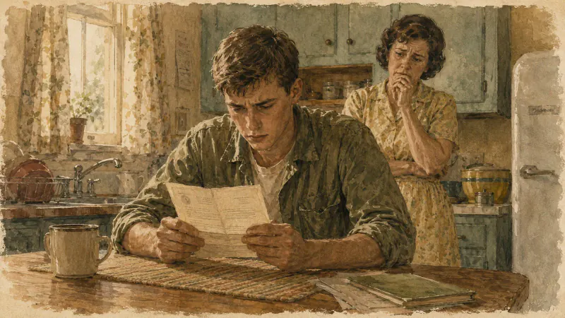 A young man reading a draft notice with his mother behind him