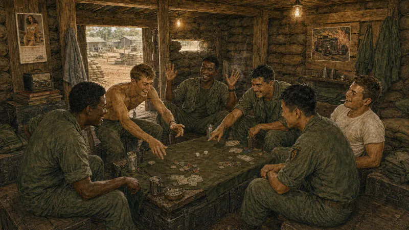 Soldiers gathered around a small surface playing a dice game