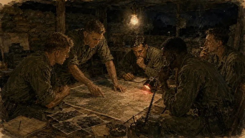 Soldiers examining a map around a lamp-lit planning table