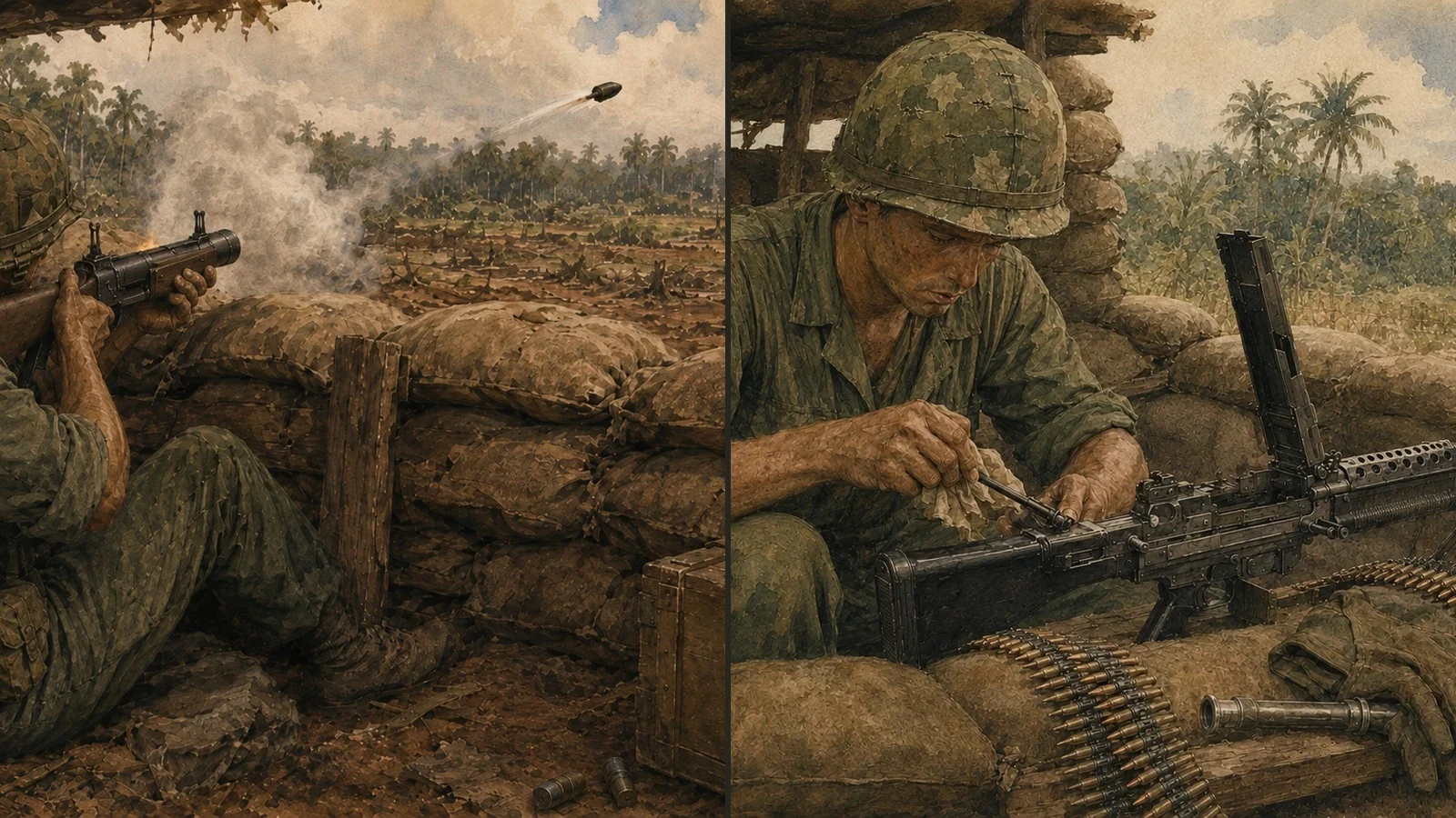 A grenadier aiming from a fighting position beside a machine gunner maintaining his weapon