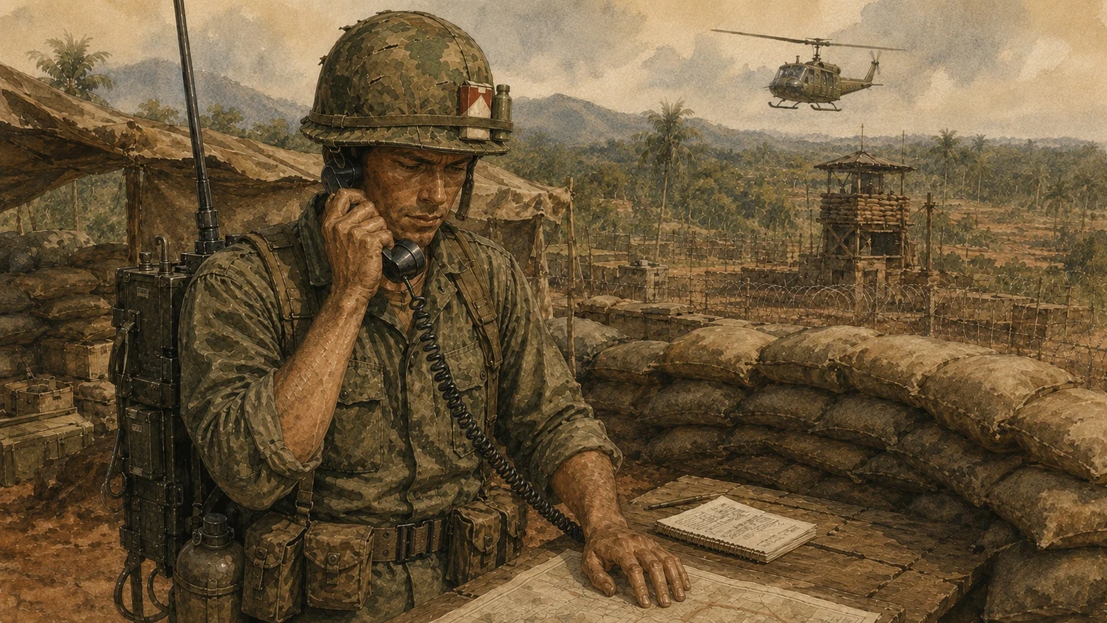 A radio telephone operator using a field handset beside his PRC-25 radio