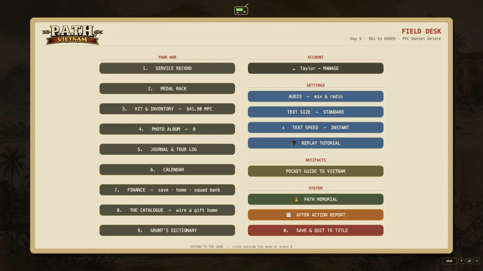 The current Field Desk menu with records, settings, artifacts, and system controls in two columns