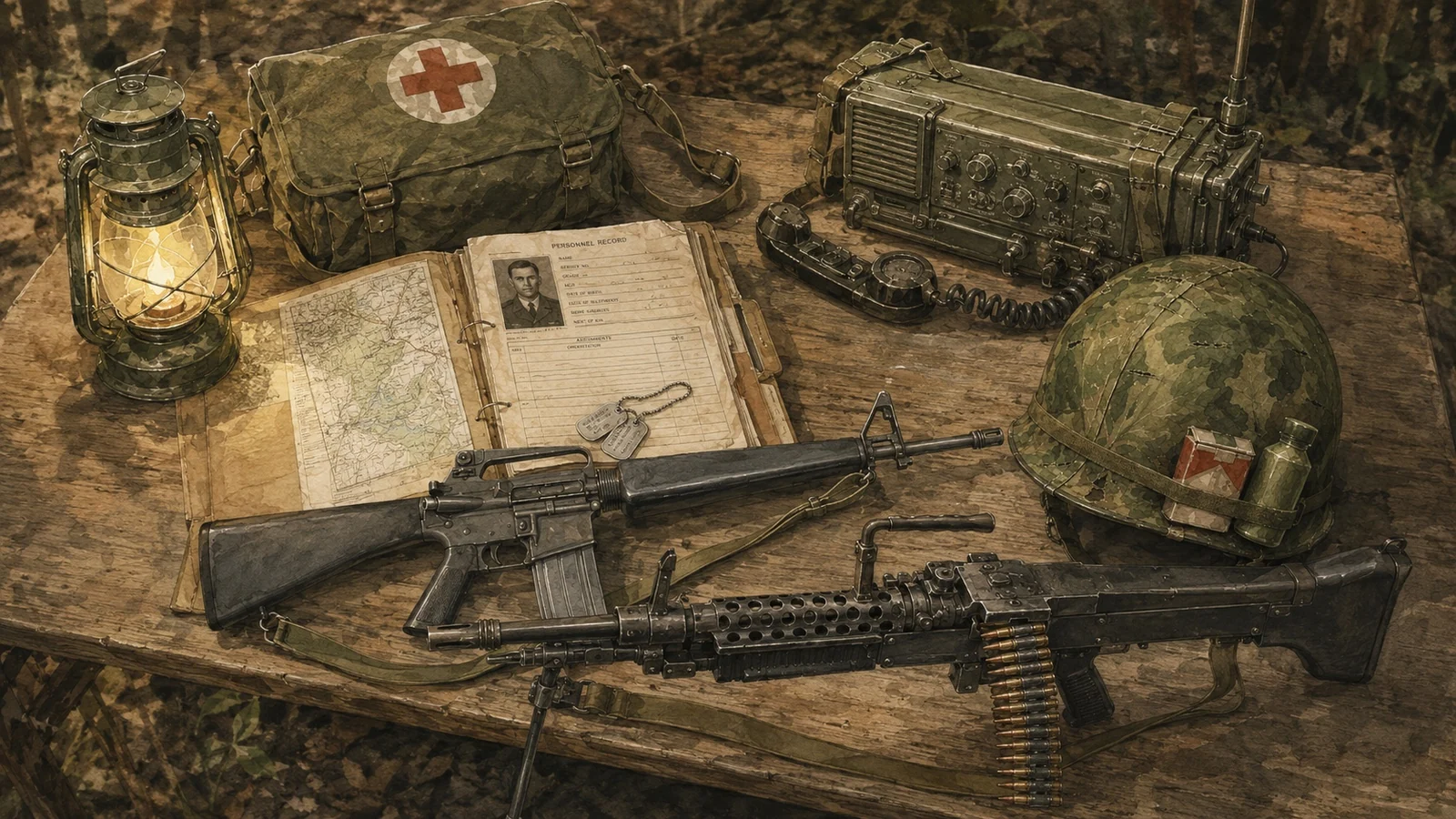A rifle, machine gun, helmet, radio, maps, records, and medical kit arranged on a field desk