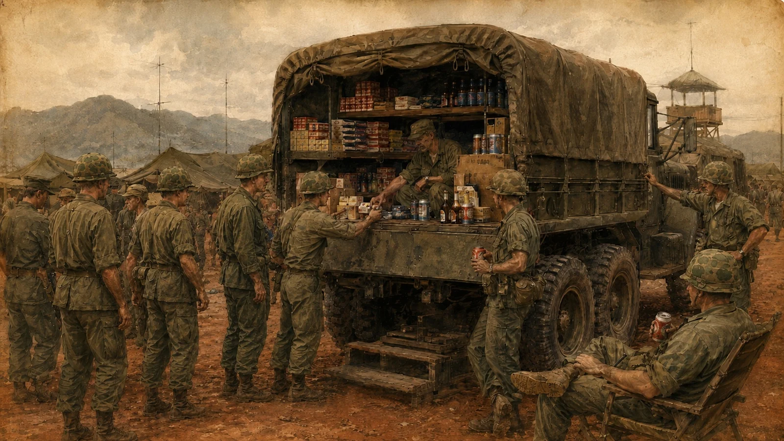A mobile PX truck opened into a small shop while soldiers wait beside it