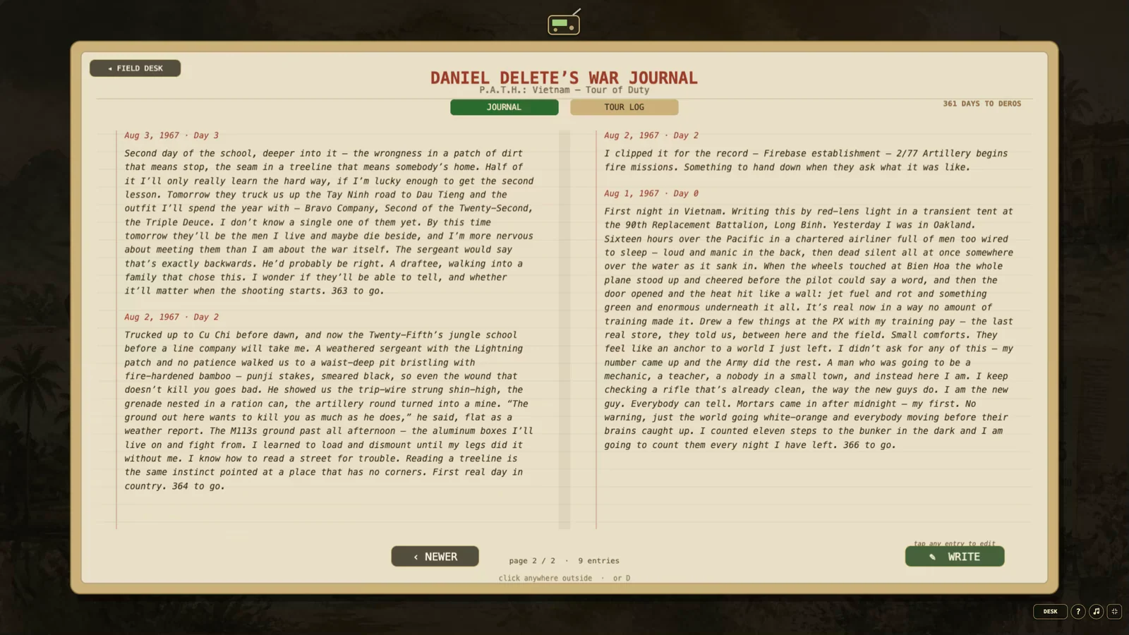 An open in-game war journal with dated entries and space for the player to write