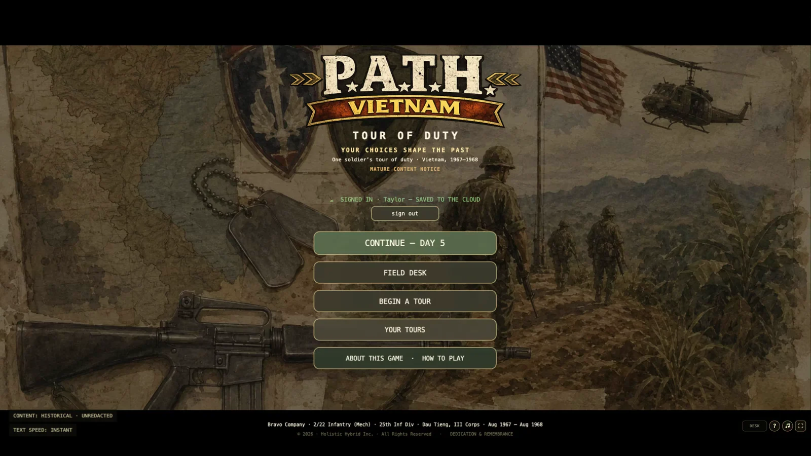 The current P.A.T.H. Vietnam title screen over a map, field equipment, and soldiers
