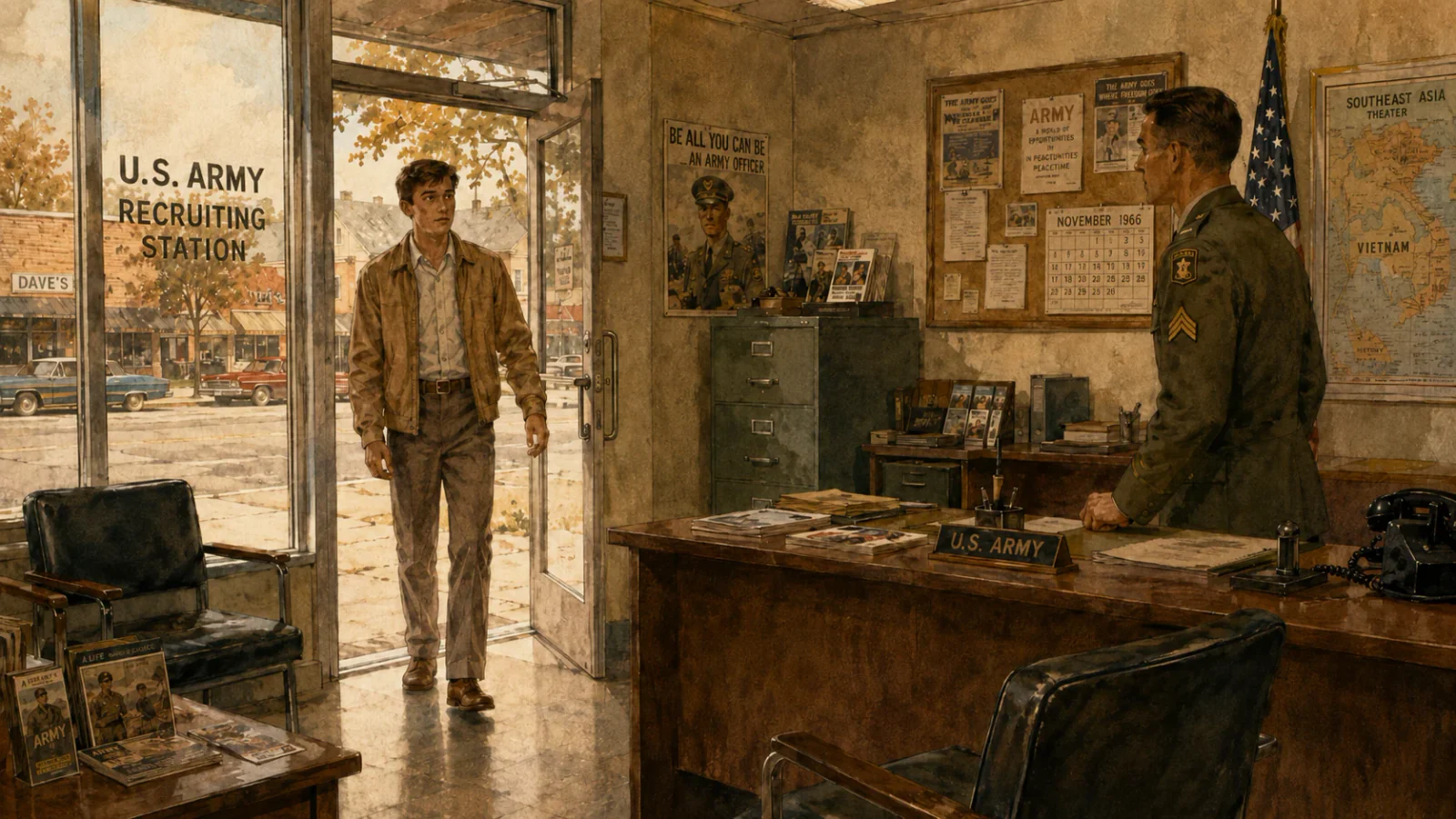 A young man entering a 1960s Army recruiting office at the beginning of his path