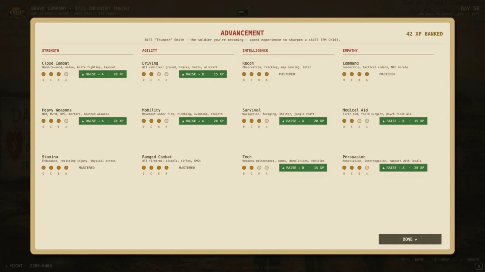 The advancement screen offers ways to spend experience on the developing soldier