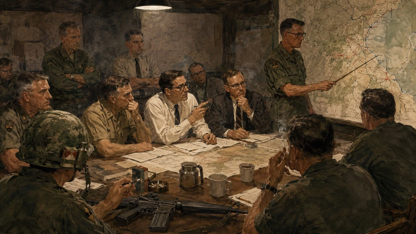 A command group reviews maps, reports and details around a crowded planning table