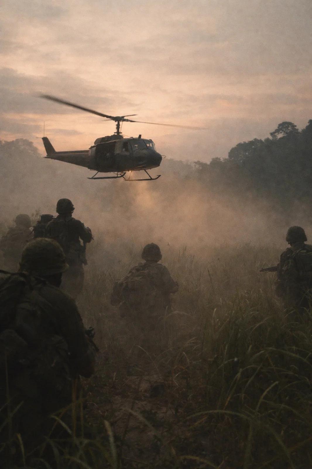 An early photorealistic game concept shows soldiers and a helicopter at dusk